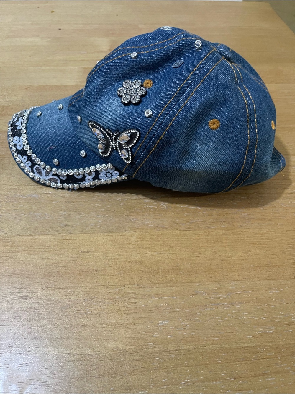 Denim Rhinestone Butterfly Baseball Cap - Blue - Picture 2 of 3